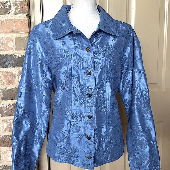 Susan Graver Blue Dupioni Texture Satin Floral Embroidery Jacket Coastal Grandma - Picture 8 of 12